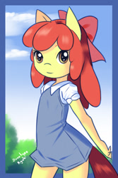 Size: 800x1200 | Tagged: safe, artist:drantyno, imported from derpibooru, apple bloom, anthro, adorabloom, clothes, cute, denim, denim dress, dress, female, solo