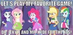 Size: 1024x499 | Tagged: safe, edit, edited screencap, imported from derpibooru, screencap, applejack, fluttershy, pinkie pie, rainbow dash, rarity, equestria girls, equestria girls (movie), dr jekyll and mr hyde, meme, nintendo, nintendo entertainment system, pinkie has a crazy idea