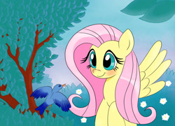 Size: 3200x2301 | Tagged: safe, artist:antoyuju, imported from derpibooru, fluttershy, bird, blushing, female, flying, solo