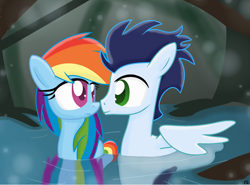 Size: 1956x1448 | Tagged: safe, artist:littlecloudie, imported from derpibooru, rainbow dash, soarin', duck pony, boop, confused, eye contact, female, lake, male, noseboop, nuzzling, shipping, smiling, soarindash, straight, water