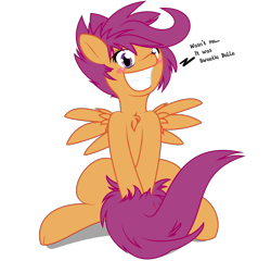 Size: 3628x3482 | Tagged: safe, artist:knifeh, artist:tyler611, imported from derpibooru, scootaloo, blushing, chest fluff, covering, dialogue, female, purple eyes, purple mane, simple background, smiling, solo, spread wings, tail covering, transparent background, wingboner, wings