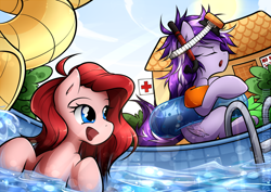 Size: 1330x940 | Tagged: safe, artist:secret-pony, imported from derpibooru, oc, oc only, oc:iridescent, oc:seabreeze, blue eyes, female, goggles, inner tube, pouting, purple mane, red mane, swimming, swimming pool, tsundere, water, water slide