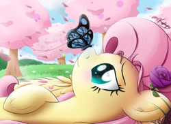 Size: 1100x800 | Tagged: safe, artist:bugplayer, imported from derpibooru, fluttershy, butterfly, pegasus, pony, bust, female, flower, flower in hair, grass, insect on nose, lying, mare, on back, profile, rose, smiling, solo