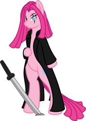 Size: 753x1062 | Tagged: safe, artist:mactavish1996, artist:salemcat, imported from derpibooru, pinkie pie, bipedal, blind, clothes, female, future, jacket, pinkamena diane pie, scar, simple background, solo, spiders and magic iii: days of friendship past, spiders and magic: rise of spider-mane, sword, transparent background