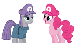 Size: 2146x1239 | Tagged: safe, artist:flare-chaser, imported from derpibooru, maud pie, pinkie pie, hat, mario, mario & luigi, pie sisters, simple background, smiling, super mario bros., transparent background, vector, when she smiles