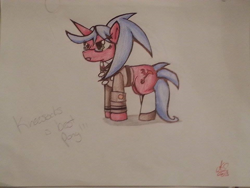 Size: 960x720 | Tagged: safe, artist:theratchetlover24, imported from derpibooru, demon, demon pony, pony, unicorn, daemon kneesocks, kneesocks, panty and stocking with garterbelt, ponified, solo, traditional art