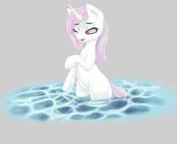 Size: 943x764 | Tagged: safe, artist:novaquinmat, imported from derpibooru, princess celestia, pony, unicorn, ask crystal crusaders, bath, bipedal, cewestia, crystal crusaders, female, filly, one eye closed, race swap, solo, unicorn celestia, wet, wet mane, young celestia