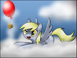 Size: 2144x1608 | Tagged: safe, artist:unitoone, imported from derpibooru, derpy hooves, pegasus, pony, balloon, cloud, cloudy, female, happy, mare, muffin, prone, solo, spread wings