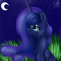 Size: 1500x1500 | Tagged: safe, artist:alicesmitt31, imported from derpibooru, princess luna, crying, female, moon, night, sitting, solo