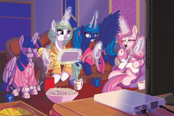 Size: 1024x683 | Tagged: safe, artist:princrim, imported from derpibooru, princess cadance, princess celestia, princess luna, twilight sparkle, alicorn, pony, :p, alicorn tetrarchy, angry, bunny slippers, clothes, controller, couch, eating, female, magic, mare, nintendo, open mouth, pajamas, pizza, ponytail, popcorn, prone, robe, sisters-in-law, sitting, slippers, slumber party, spread wings, telekinesis, television, tongue out, twilight sparkle (alicorn), wide eyes, wii remote, wii u, wii u touchpad, wink