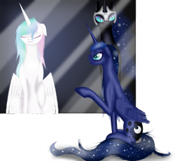 Size: 2120x1952 | Tagged: safe, artist:freyiejj, imported from derpibooru, nightmare moon, princess celestia, princess luna, raised hoof, replaced, sitting