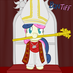 Size: 650x650 | Tagged: safe, artist:atlur, deleted from derpibooru, imported from derpibooru, bon bon, sweetie drops, bonafied, bonpun, catholicism, christianity, cross, mouth hold, pontiff, pope, popess, solo