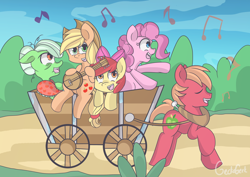 Size: 1600x1131 | Tagged: safe, artist:geckogeek, imported from derpibooru, apple bloom, applejack, big macintosh, granny smith, pinkie pie, earth pony, pony, pinkie apple pie, apples to the core, banjo, cart, eyes closed, male, musical instrument, scene interpretation, singing, stallion