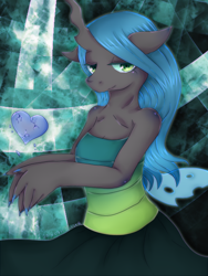 Size: 480x640 | Tagged: safe, artist:divided-s, imported from derpibooru, queen chrysalis, anthro, changeling, changeling queen, female, heart, nail polish, solo