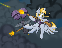 Size: 1650x1275 | Tagged: safe, artist:zanezandell, imported from derpibooru, derpy hooves, pegasus, pony, bioshock infinite, clothes, crossover, female, flying, gun, mare, rifle, shirt, solo, weapon