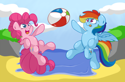 Size: 3000x1985 | Tagged: safe, artist:graphene, imported from derpibooru, pinkie pie, rainbow dash, beach, beach ball, cute