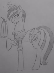 Size: 1916x2560 | Tagged: safe, artist:subimaru_kai, imported from derpibooru, oc, oc only, oc:snowy, crossdressing, male, midriff, monochrome, shorts, solo, stallion, traditional art