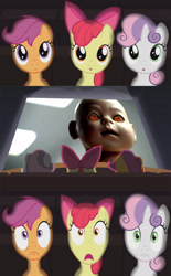 Size: 2000x3225 | Tagged: safe, edit, edited screencap, imported from derpibooru, screencap, apple bloom, scootaloo, sweetie belle, one bad apple, baby, commercial, cutie mark crusaders, exploitable meme, meme, nightmare fuel, obligatory pony, playstation 3, scary