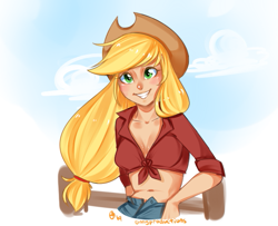 Size: 571x464 | Tagged: safe, artist:omgproductions, imported from derpibooru, applejack, human, belly button, cleavage, female, front knot midriff, grin, humanized, looking at you, midriff, smiling, solo