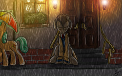 Size: 1680x1050 | Tagged: safe, artist:frisullka1, imported from derpibooru, doctor whooves, time turner, clothes, doctor who, necktie, rain, trenchcoat, umbrella