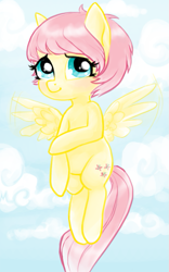 Size: 529x850 | Tagged: safe, artist:mcponyponypony, imported from derpibooru, fluttershy, alternate hairstyle, female, floating, flying, haircut, pixie cut, solo