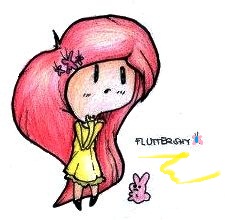 Size: 225x220 | Tagged: safe, artist:fives555, imported from derpibooru, fluttershy, human, rabbit, chibi, female, humanized, solo, traditional art