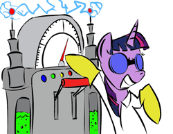 Size: 1050x809 | Tagged: safe, artist:rubrony, imported from derpibooru, twilight sparkle, pony, bipedal, clothes, colored, female, goggles, machine, mad scientist, science, solo