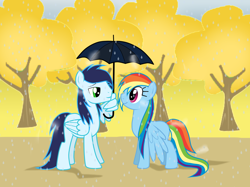 Size: 1024x765 | Tagged: safe, artist:rulette, imported from derpibooru, rainbow dash, soarin', alternate hairstyle, blank flank, female, male, rain, shipping, smiling, soarindash, straight, umbrella, wet mane, wing hands