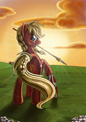 Size: 2480x3508 | Tagged: safe, artist:keeperofthebjokstone, imported from derpibooru, oc, oc only, earth pony, pony, female, lens flare, looking at you, looking back, looking back at you, mare, shield, solo, spear