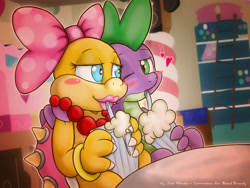 Size: 3600x2700 | Tagged: safe, artist:jcosneverexisted, imported from derpibooru, spike, dragon, koopa, blushing, crack shipping, crossover, crossover shipping, female, heart, hug, koopalings, male, milkshake, shipping, straight, sugarcube corner, super mario bros., voice actor joke, wendy o. koopa, wendyspike