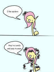 Size: 600x795 | Tagged: safe, artist:wollap, imported from derpibooru, fluttershy, pegasus, pony, spider, blue background, comic, female, hilarious in hindsight, pokémon, reference, simple background, solo, wat