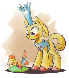 Size: 1279x1453 | Tagged: safe, artist:ruhisu, imported from derpibooru, pony, creator, crown, gift art, king, male, model kit, ottoborg, ponified, smiling, solo, stallion, standing, the neverhood