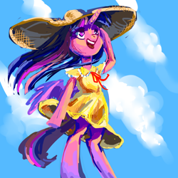 Size: 1800x1800 | Tagged: safe, artist:ilanta, imported from derpibooru, twilight sparkle, pony, bipedal, clothes, female, giant hat, hat, solo