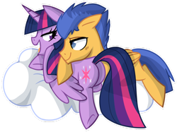 Size: 1024x765 | Tagged: safe, artist:kaji-tanii, imported from derpibooru, flash sentry, twilight sparkle, alicorn, pegasus, pony, bedroom eyes, butt, butt pillow, cloud, cuddling, duo, female, flashlight, male, mare, plot, seductive, shipping, simple background, smiling, snuggling, stallion, straight, transparent background, twilight sparkle (alicorn)