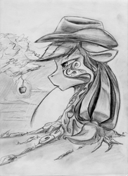 Size: 727x1000 | Tagged: safe, artist:blindcoyote, imported from derpibooru, applejack, female, monochrome, solo, traditional art