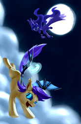 Size: 2903x4401 | Tagged: safe, artist:nadnerbd, imported from derpibooru, princess luna, scootaloo, alicorn, bat pony, pony, bat ponified, cloud, female, flying, mare, moon, night, race swap, scootabat, sky, student of the night