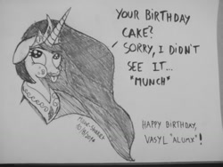 Size: 1024x768 | Tagged: safe, artist:mane-shaker, imported from derpibooru, princess celestia, awesome face, cake, cakelestia, female, happy birthday, lies, monochrome, pencil drawing, solo, traditional art