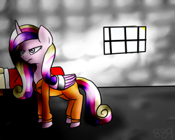 Size: 2500x2000 | Tagged: safe, artist:cooolgirl889, imported from derpibooru, princess cadance, angry, bound wings, clothes, female, prison, prison outfit, prisoner, solo, sun, sunlight