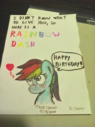 Size: 774x1032 | Tagged: safe, artist:mane-shaker, imported from derpibooru, rainbow dash, birthday card, blushing, colored, female, happy birthday, solo, traditional art