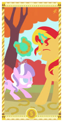 Size: 400x775 | Tagged: safe, artist:janeesper, imported from derpibooru, diamond tiara, sunset shimmer, pony, unicorn, angry, card, horseshoes, laughing, magic, tarot, tarot card, telekinesis