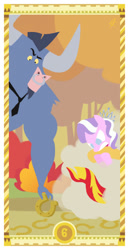 Size: 400x775 | Tagged: safe, artist:janeesper, imported from derpibooru, diamond tiara, iron will, sunset shimmer, pony, ball of violence, biting, fight, horseshoes, shimmerbuse, tarot card