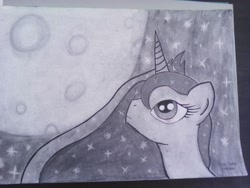 Size: 1024x768 | Tagged: safe, artist:mane-shaker, imported from derpibooru, princess luna, charcoal (medium), charcoal drawing, female, monochrome, moon, night, solo, traditional art