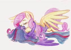 Size: 3378x2386 | Tagged: safe, artist:deihiru, imported from derpibooru, fluttershy, twilight sparkle, alicorn, pony, female, kissing, lesbian, mare, shipping, traditional art, twilight sparkle (alicorn), twishy