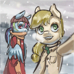 Size: 1800x1800 | Tagged: safe, artist:ilanta, imported from derpibooru, applejack, rainbow dash, anthro, clothes, floppy ears, hat, scarf, selfie, smiling, snow