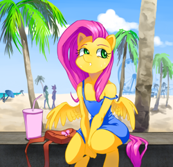 Size: 850x820 | Tagged: safe, artist:ilanta, imported from derpibooru, fluttershy, anthro, beach, boardwalk, clothes, dress, drink, ferris wheel, palm tree, purse, sitting, sweat, tree