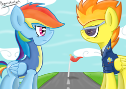 Size: 2480x1748 | Tagged: safe, artist:bigmackintosh, imported from derpibooru, rainbow dash, spitfire, wonderbolts academy, print, sunglasses, wonderbolt trainee uniform, wonderbolts uniform