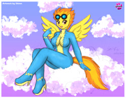 Size: 1200x932 | Tagged: safe, artist:shinn3, imported from derpibooru, spitfire, anthro, big breasts, breasts, busty spitfire, cloud, cloudy, female, sitting, solo, wide hips, wonderbolts uniform