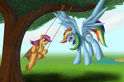 Size: 1233x814 | Tagged: safe, artist:diction, imported from derpibooru, rainbow dash, scootaloo, best sisters, cute, flying, scootalove, swing