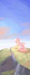 Size: 1020x2500 | Tagged: safe, artist:jpnshiroku, imported from derpibooru, fluttershy, cliff, female, outdoors, rear view, solo, windswept mane