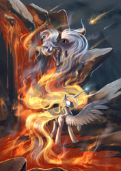 Size: 849x1200 | Tagged: safe, artist:stasysolitude, imported from derpibooru, princess celestia, princess luna, alicorn, pony, fire, glowing eyes, lava